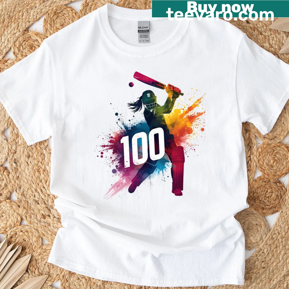 Illustration of a female cricket batter scoring a century on T-shirt — on a men's t-shirt