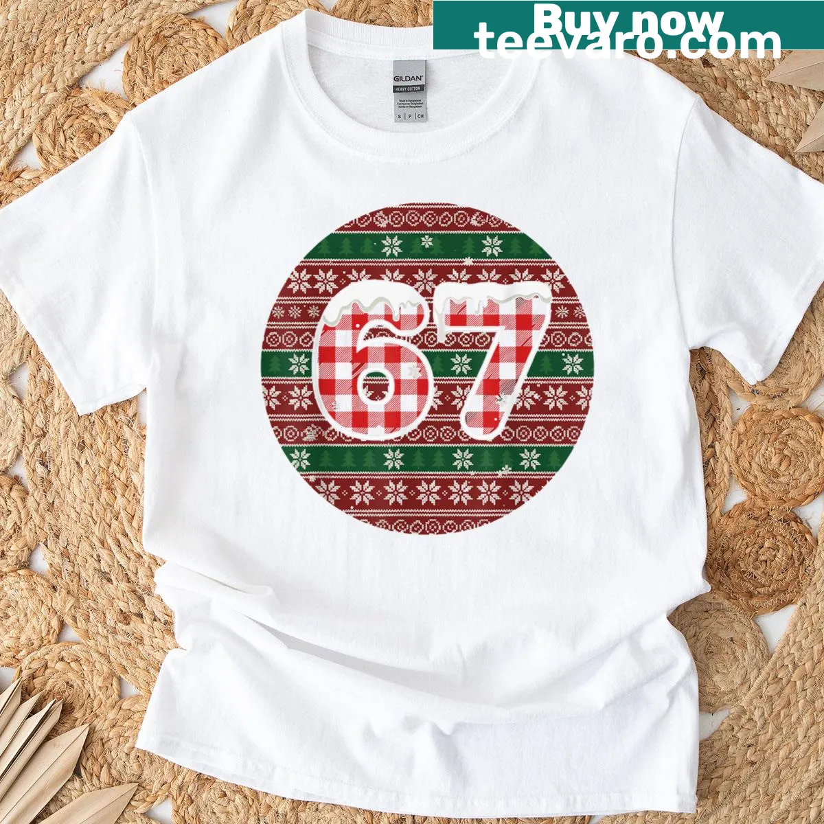 Festive plaid t-shirt with a humorous Christmas meme graphic. — on a men's t-shirt
