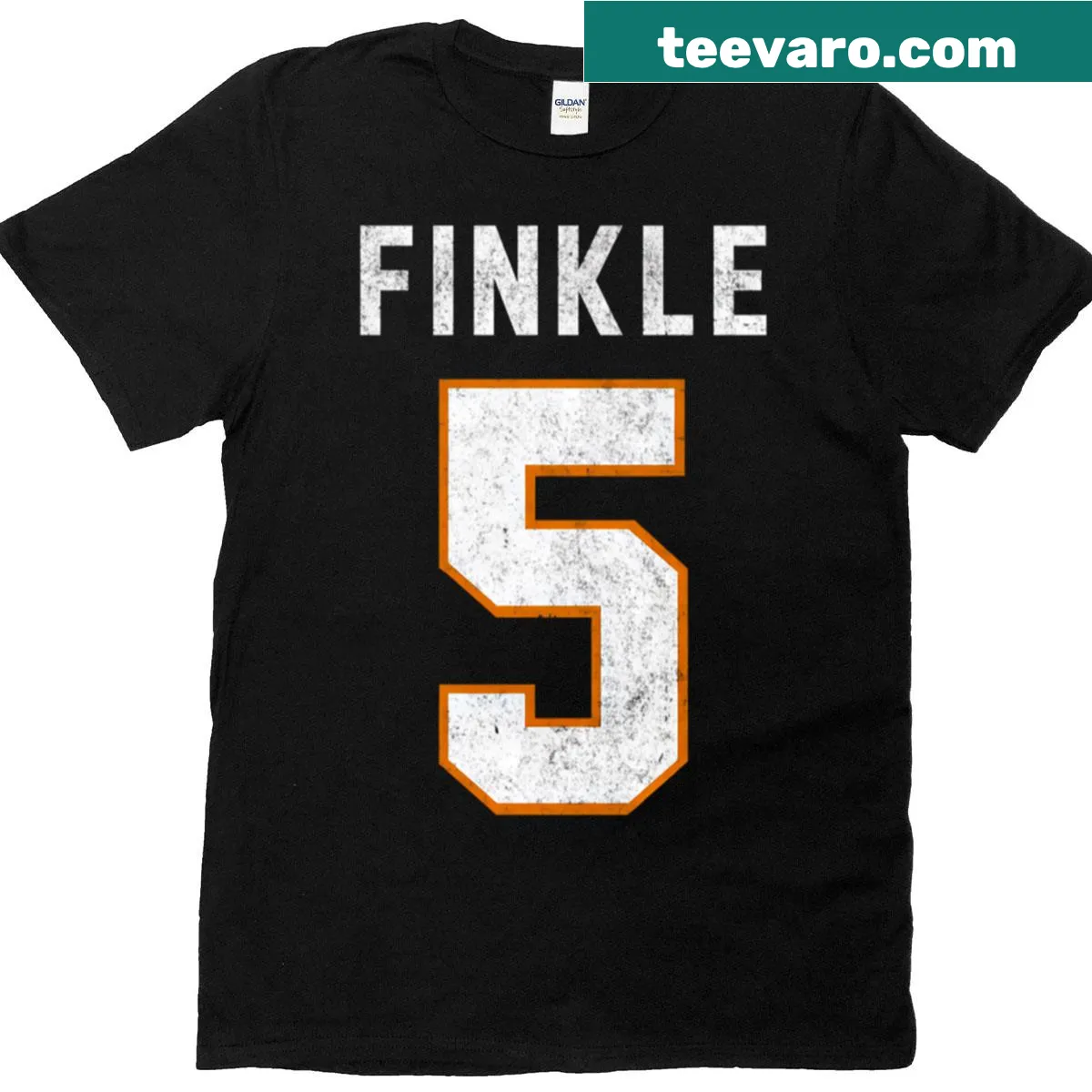 T-shirt with 'Finkle 5' typography reference — on a men's t-shirt