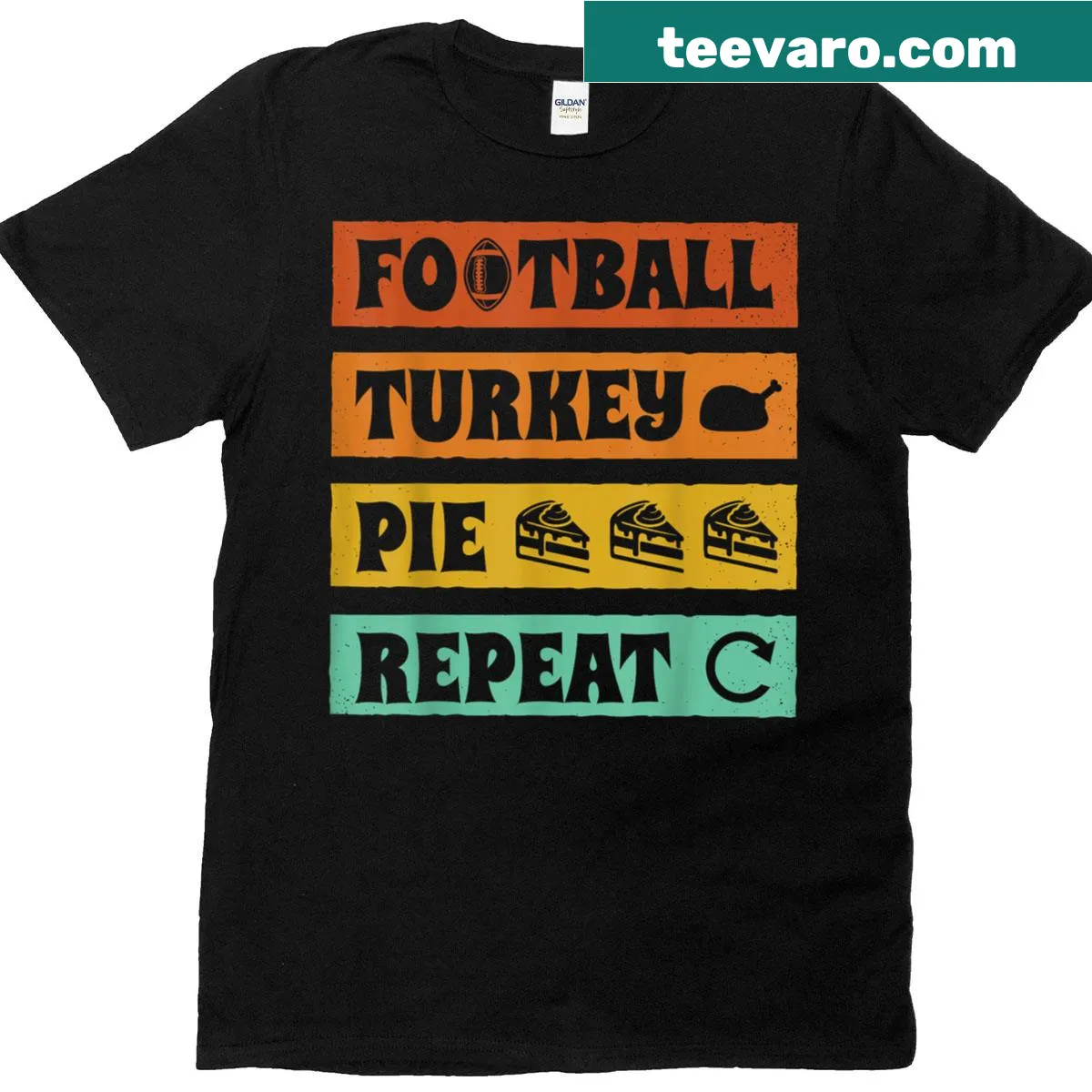 Thanksgiving themed T-shirt with 'Football Turkey Pie Repeat' text — on a men's t-shirt