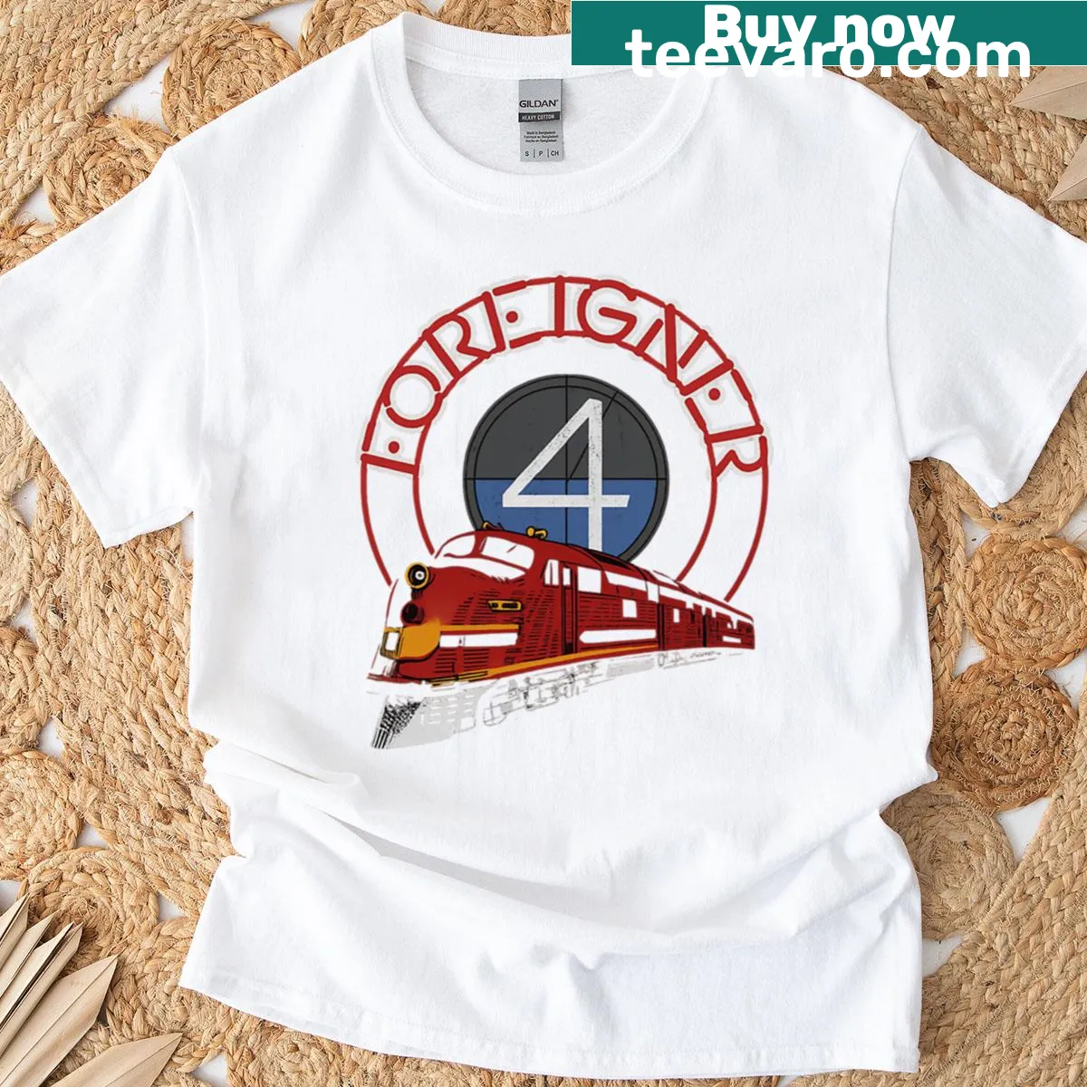 Foreigner 4 badge emblem T-shirt inspired by the band's iconic album. — on a men's t-shirt