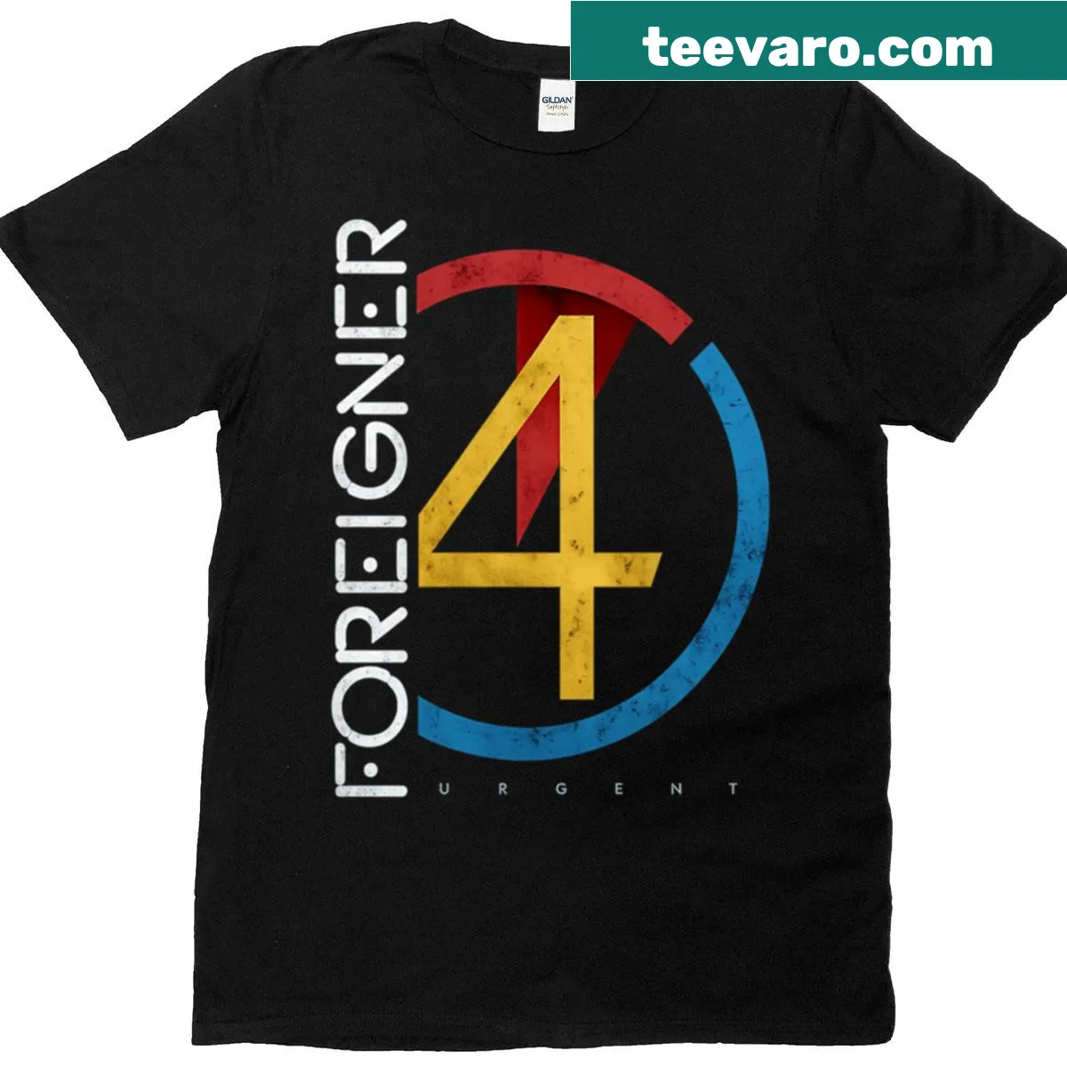 Illustrative design of four urgent rings referencing the band Foreigner on a T-shirt — on a men's t-shirt