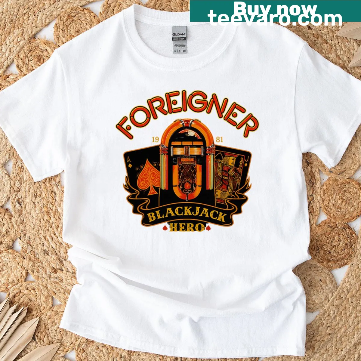 Illustrated Foreigner Blackjack Hero 1981 t-shirt with cards and jukebox — on a men's t-shirt