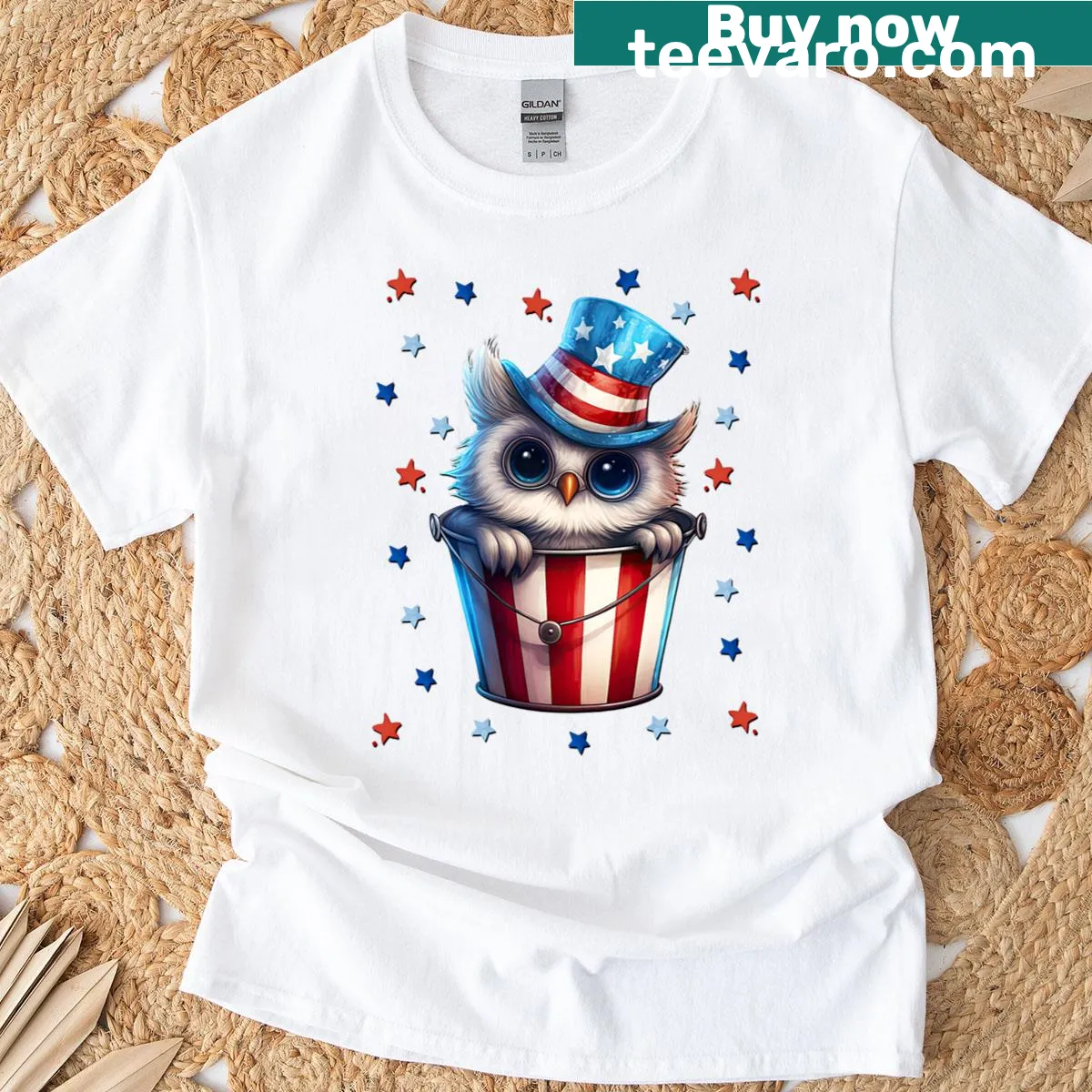 Fourth of July T-shirt featuring a patriotic owl graphic — on a men's t-shirt