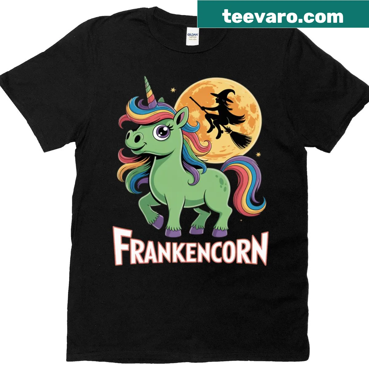 Cartoon design of a Frankenstein unicorn on a Halloween-themed T-shirt — on a men's t-shirt