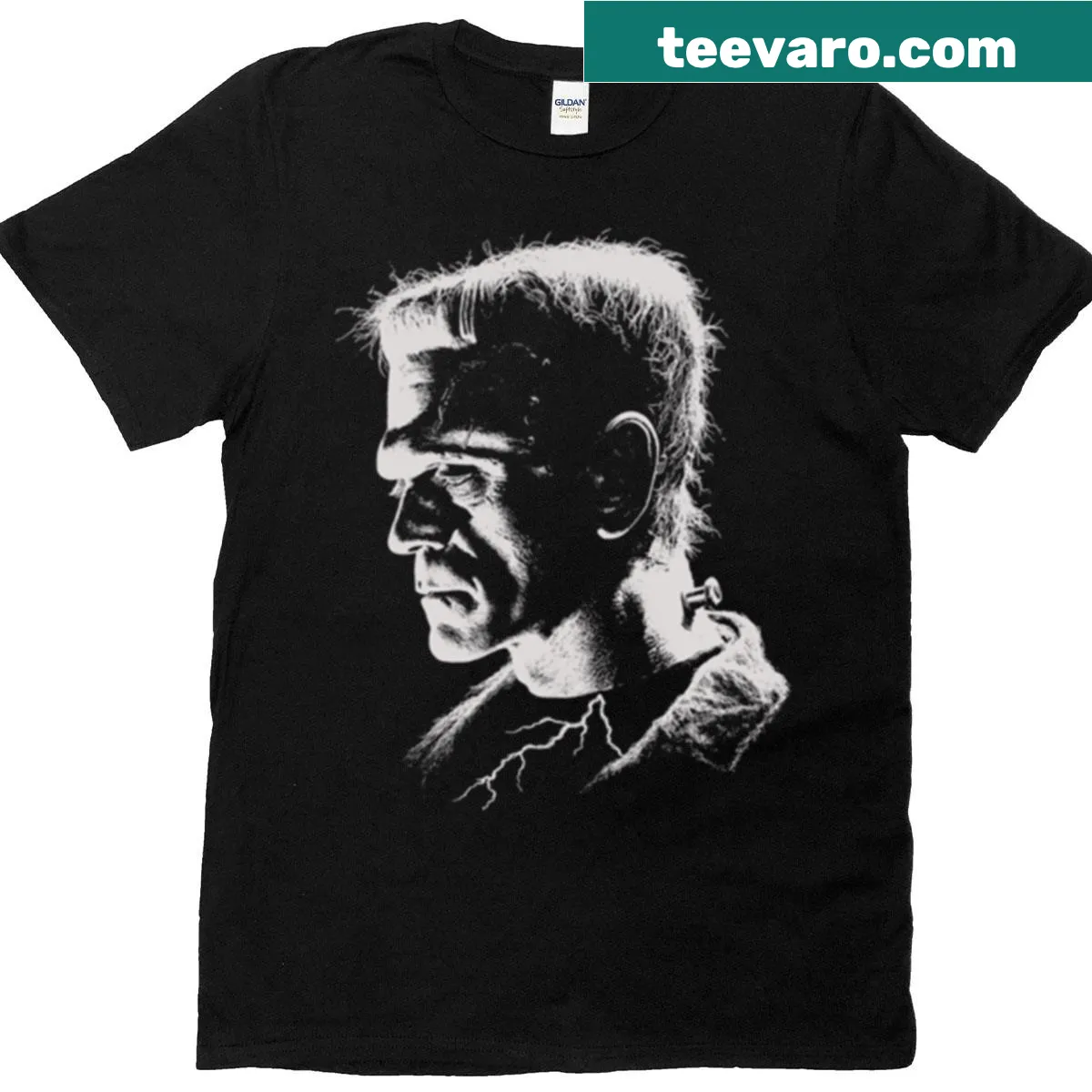 Matching couple Halloween tees featuring Frankenstein design — on a men's t-shirt