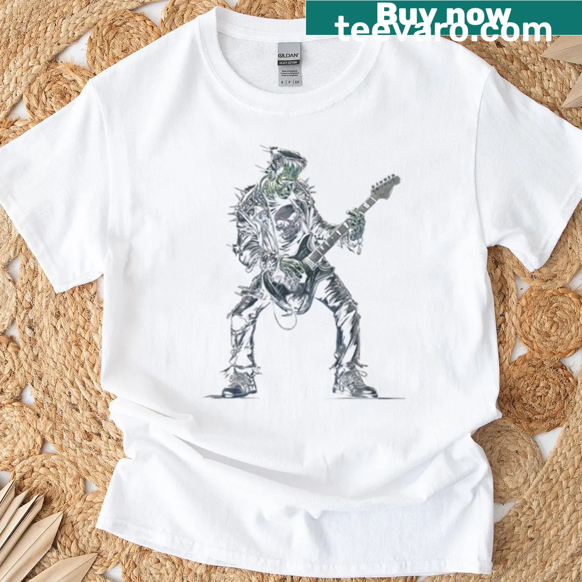 Illustration of Frankenstein playing guitar on a T-shirt. — on a men's t-shirt