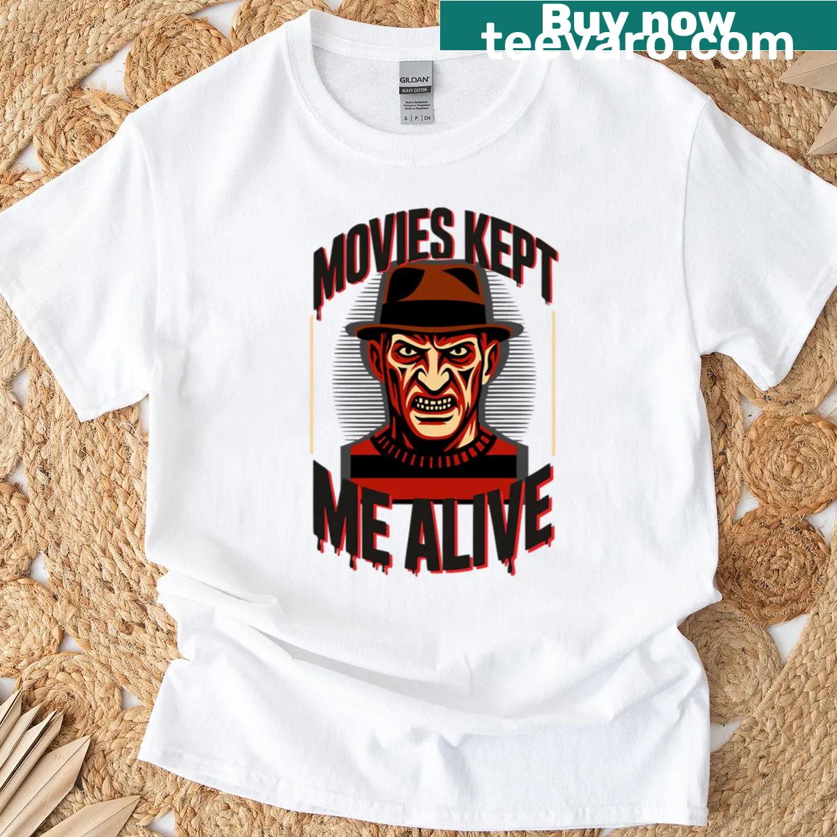 Horror T-shirt featuring a portrait of Freddy Krueger from classic films — on a men's t-shirt