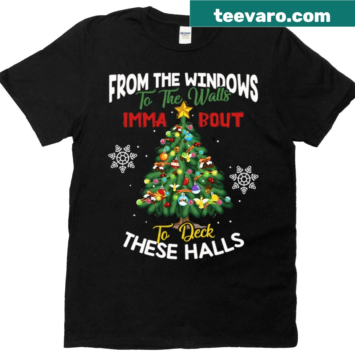 Funny t-shirt with holiday phrase 'From The Windows To The Walls Deck Halls' — on a men's t-shirt