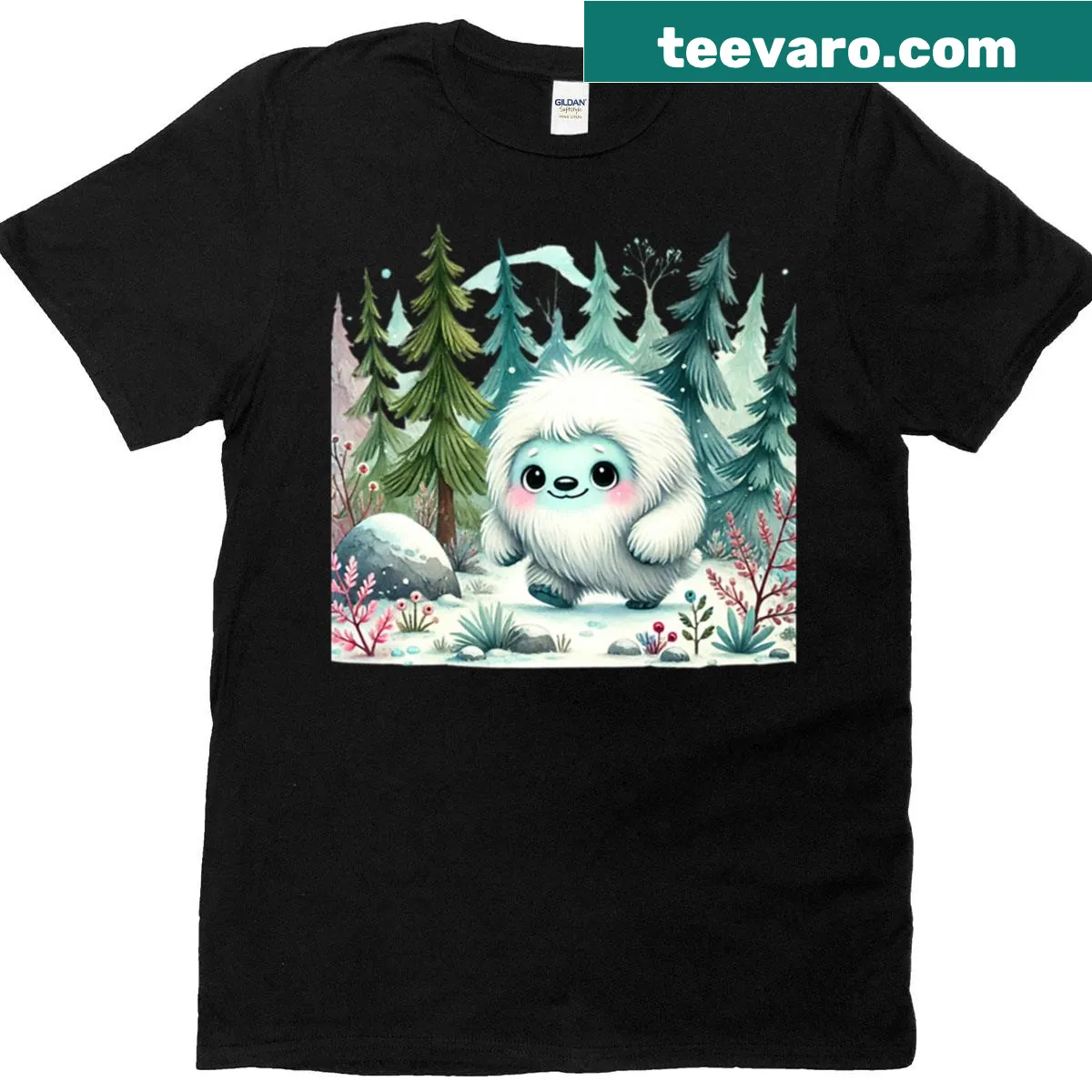 T-shirt featuring Frosti the gentle yeti in a snowy landscape — on a men's t-shirt