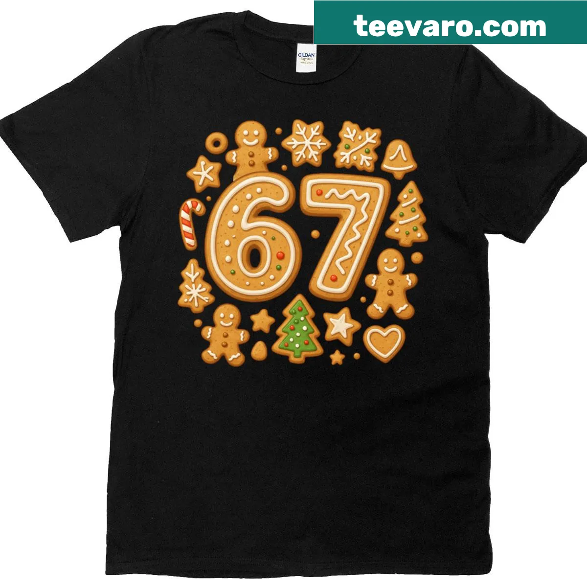 Funny Christmas t-shirt with 'Funny 6 7 Gingerbread Cookie 67' text — on a men's t-shirt