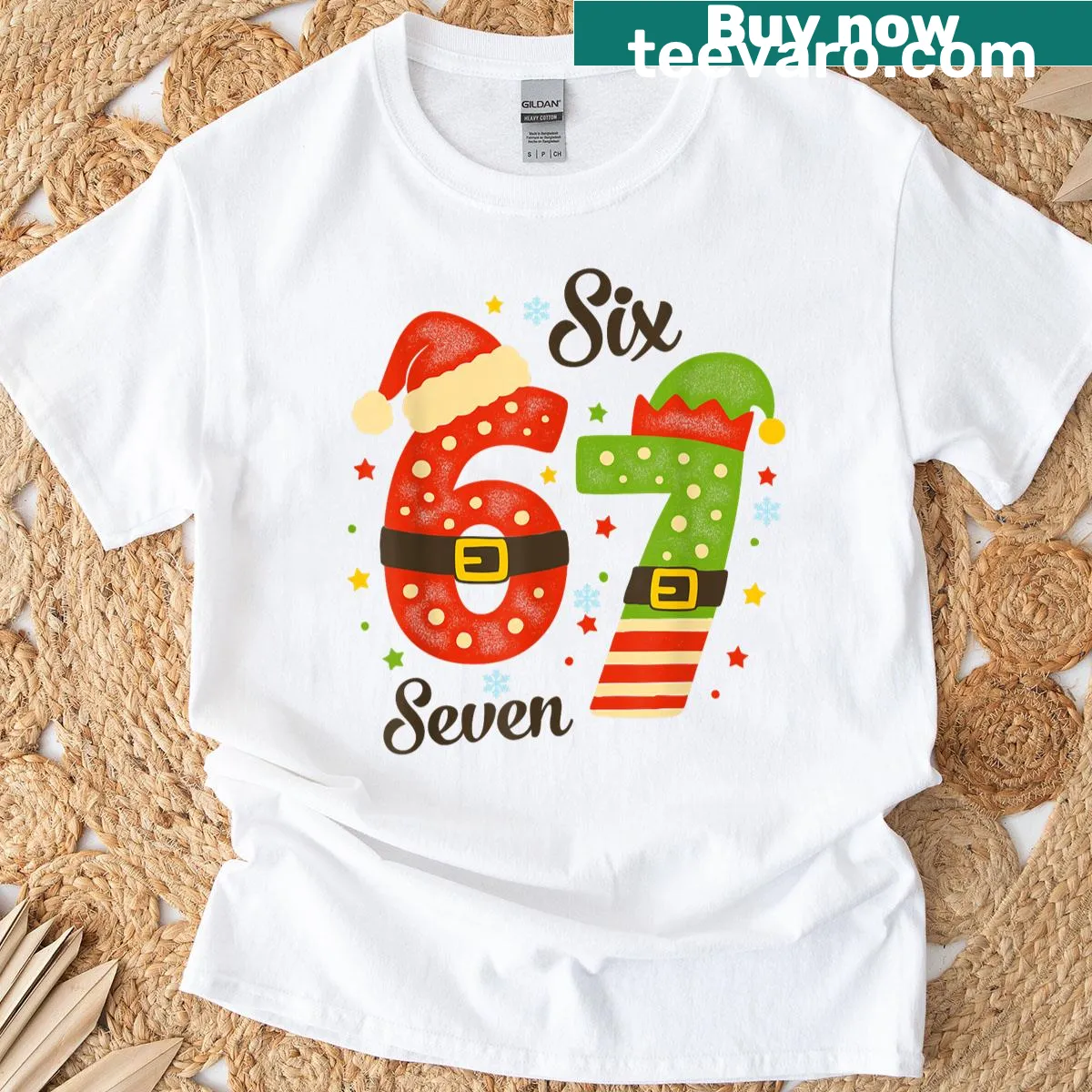 Light-hearted Christmas T-shirt featuring Santa and Elf meme with '67' — on a men's t-shirt