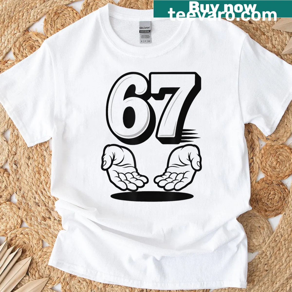 Children's t-shirt with bold '67 Meme' text and whimsical hands design — on a men's t-shirt