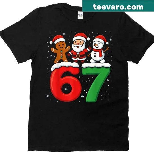Funny Christmas T-shirt with Santa and snowman illustrations.