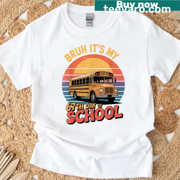 Kids' T-shirt featuring a funny 'Bruh' graphic for the 67th day of school