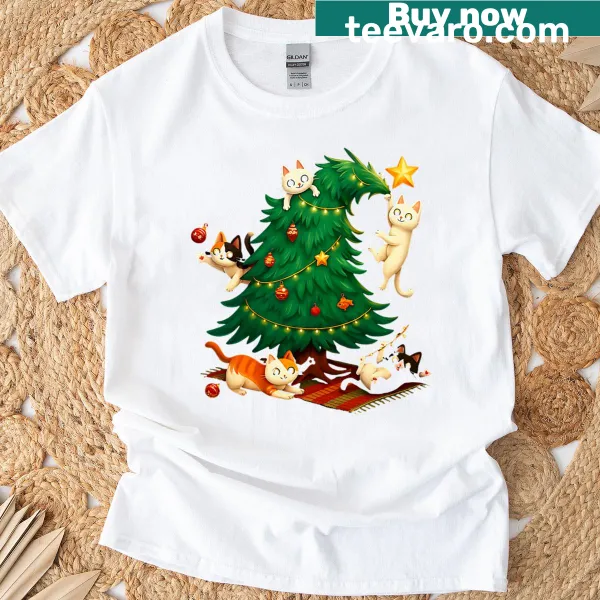 Cute graphic of cats climbing a Christmas tree on t-shirt
