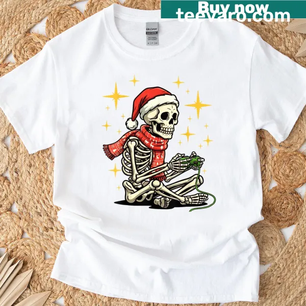 Christmas skeleton playing video games graphic on t-shirt