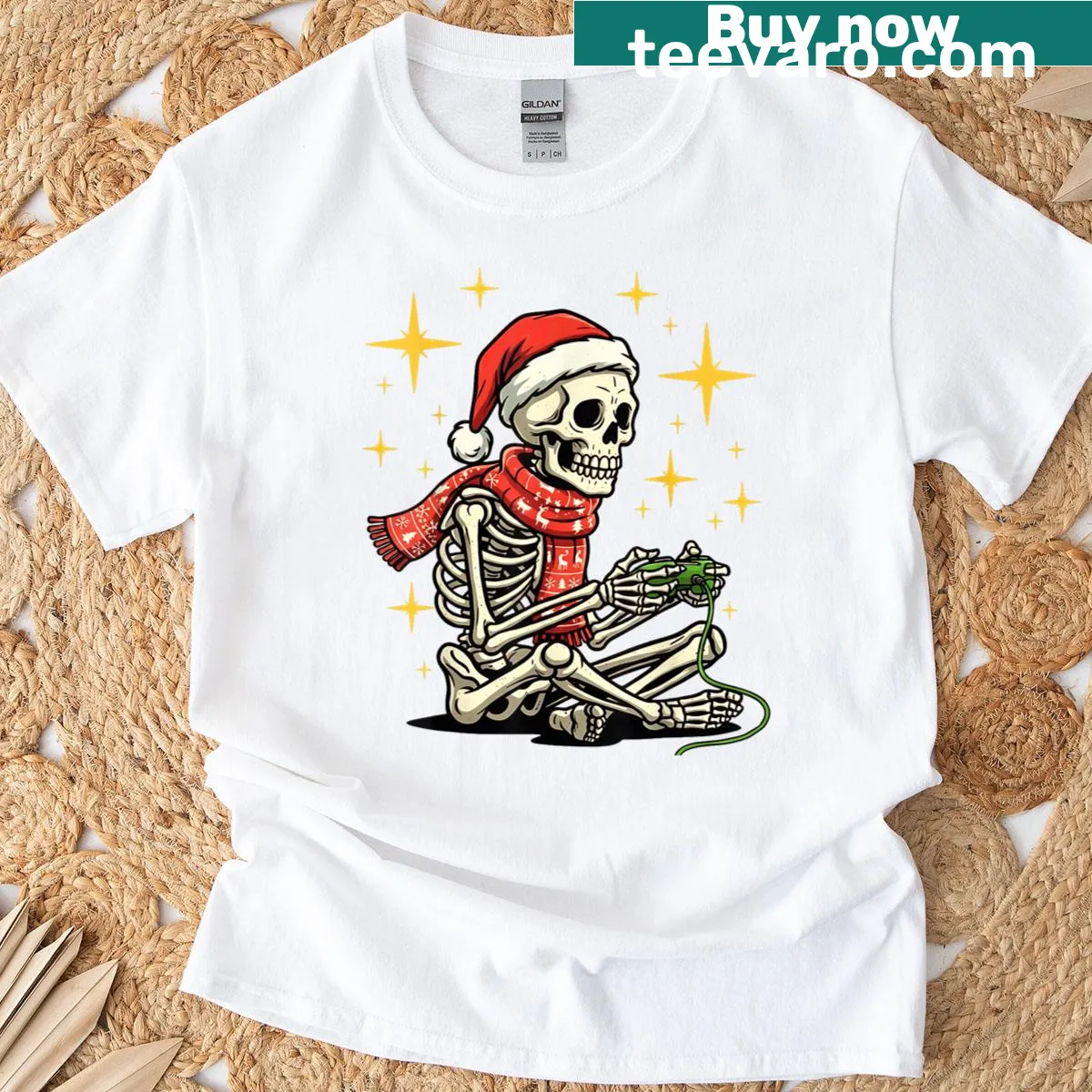 Christmas skeleton playing video games graphic on t-shirt — on a men's t-shirt