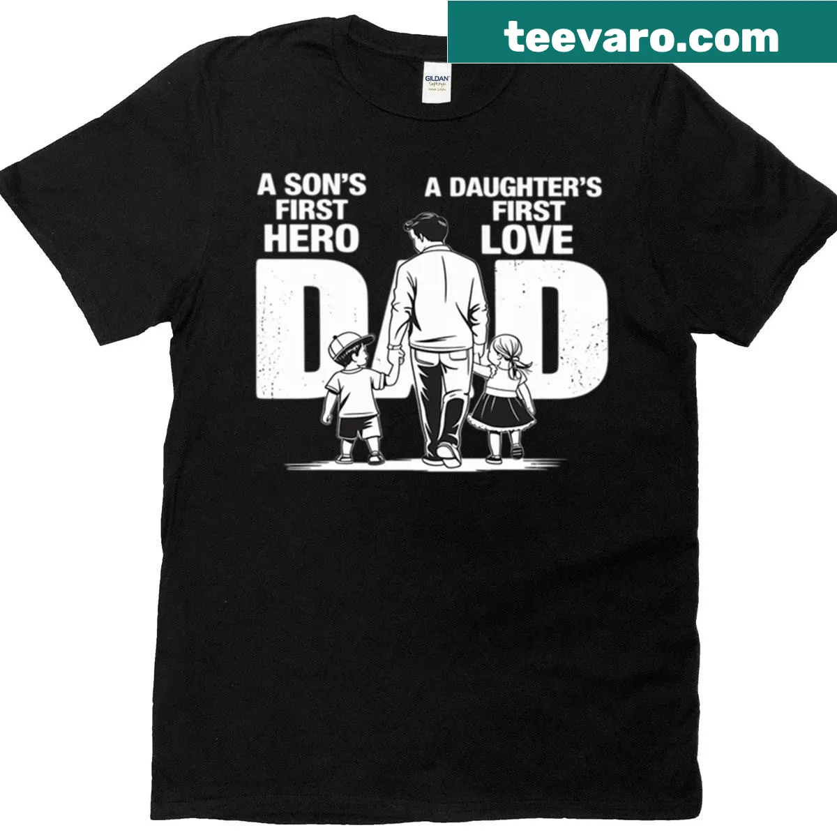 Vintage-style Father's Day shirt with 'A Son's First Hero' message — on a men's t-shirt