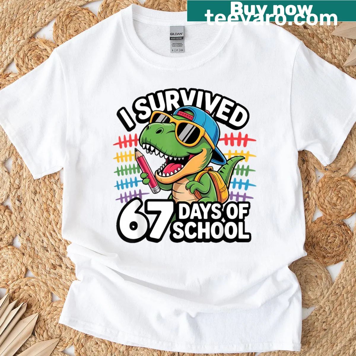 Kids' T-shirt featuring a dinosaur with the phrase 'I Survived 67 Days Of School' — on a men's t-shirt