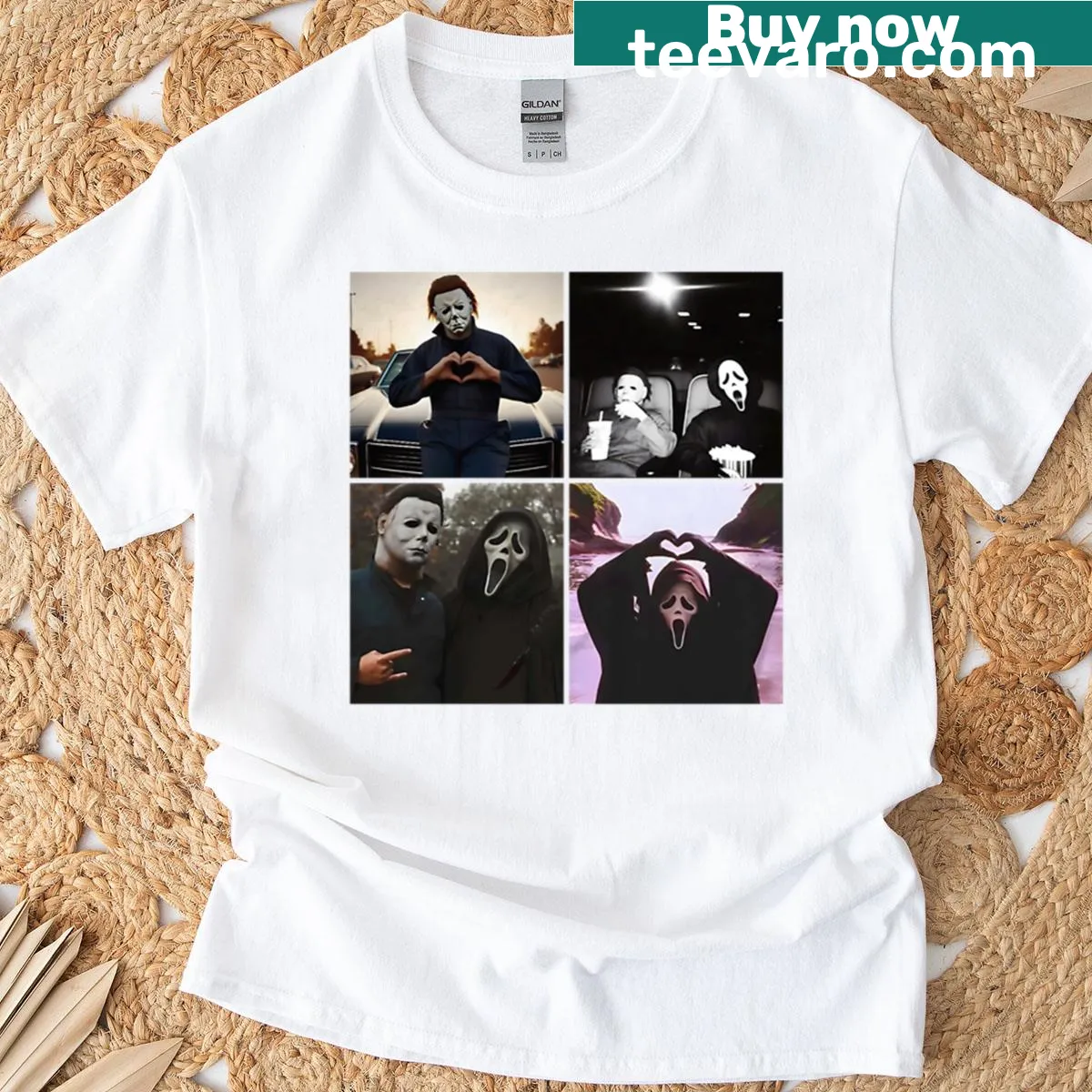 Funny Halloween tee featuring cartoon versions of Ghost Face and Michael Myers. — on a men's t-shirt