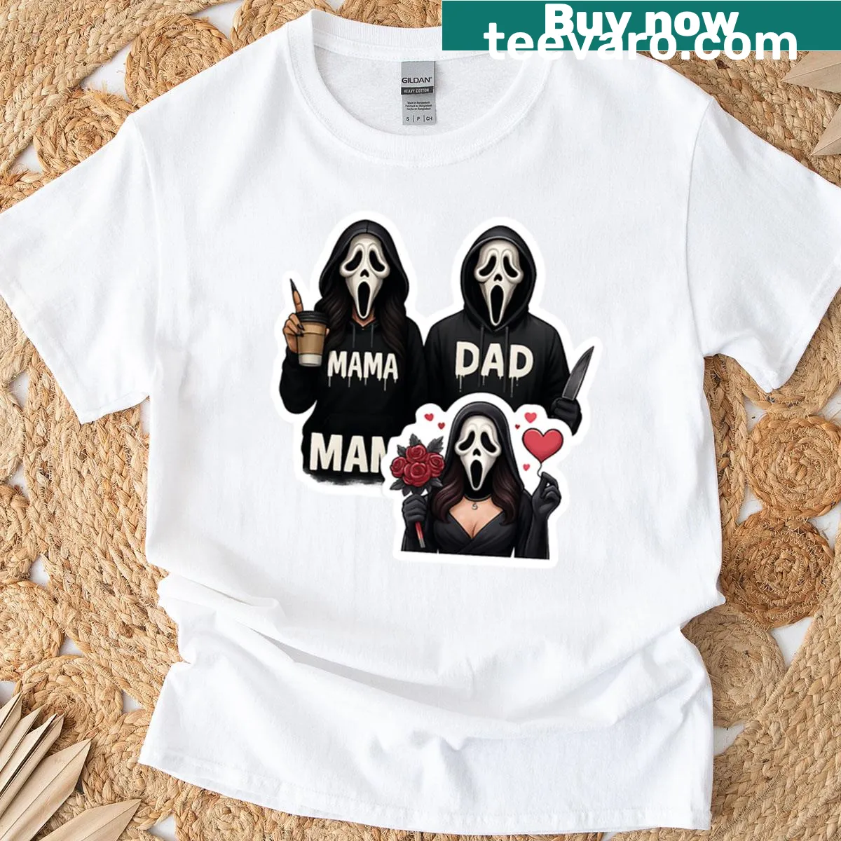 Cartoon scream mask design for a couple's Halloween T-shirt — on a men's t-shirt