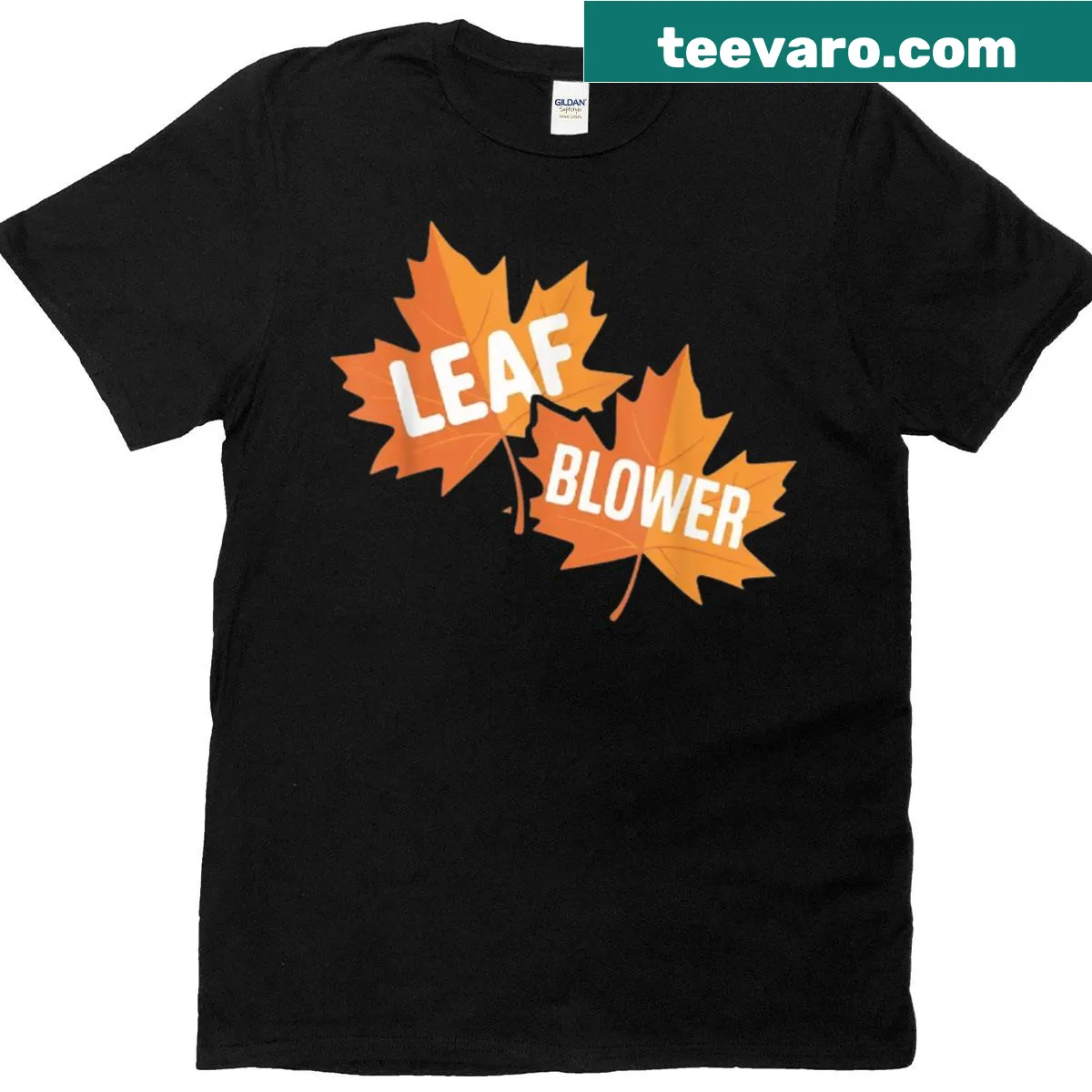 Funny autumn leaf blower T-shirt with leaf design — on a men's t-shirt