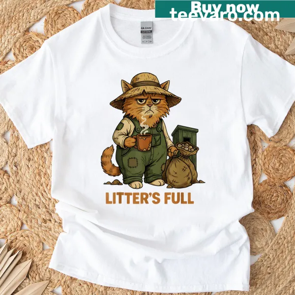 Humorous cat-themed t-shirt with playful illustrations and text