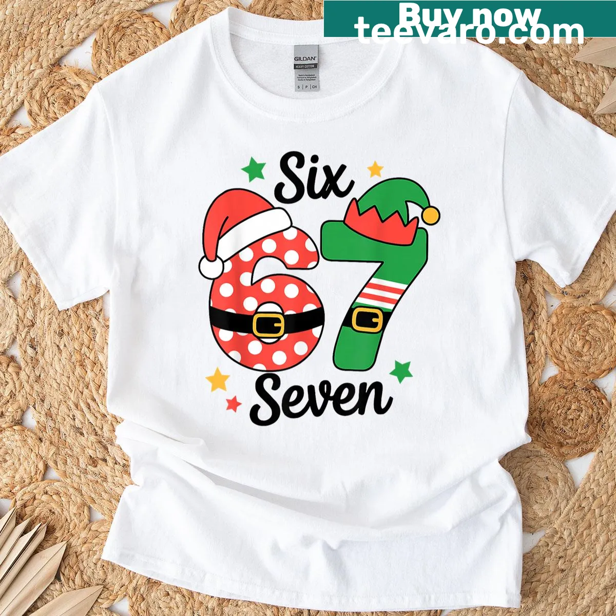 Cheerful Christmas T-shirt for kids featuring '67' meme, Santa, and elves — on a men's t-shirt