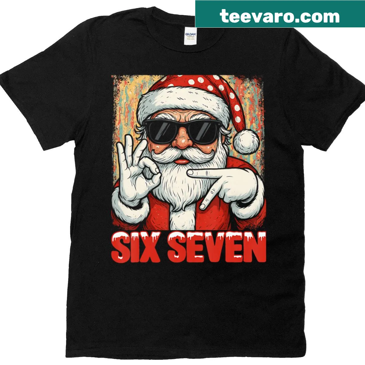 Funny Christmas meme design featuring Santa and numbers 6 and 7 on a T-shirt — on a men's t-shirt