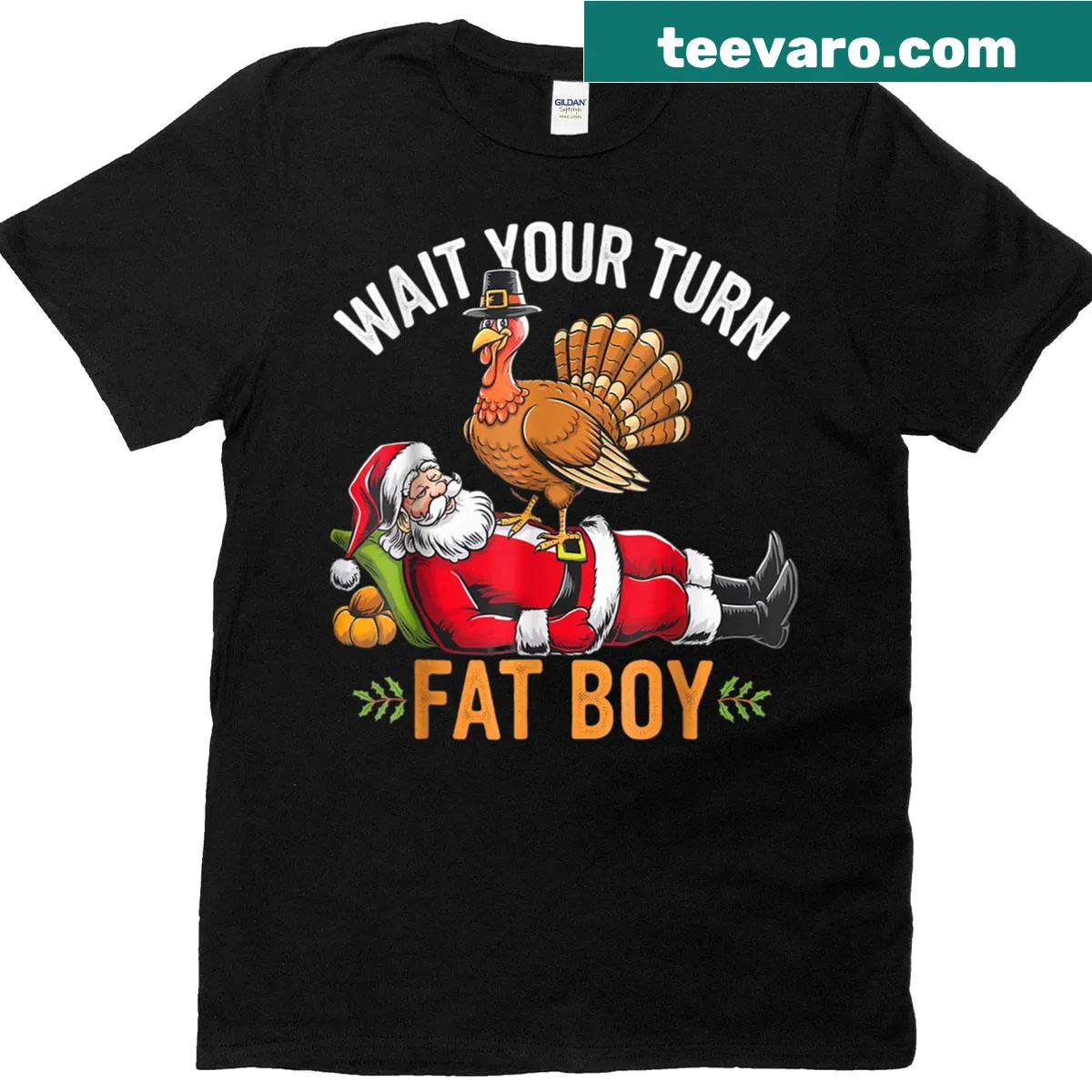 T-shirt featuring a humorous graphic of turkey vs Santa for Thanksgiving and Christmas — on a men's t-shirt
