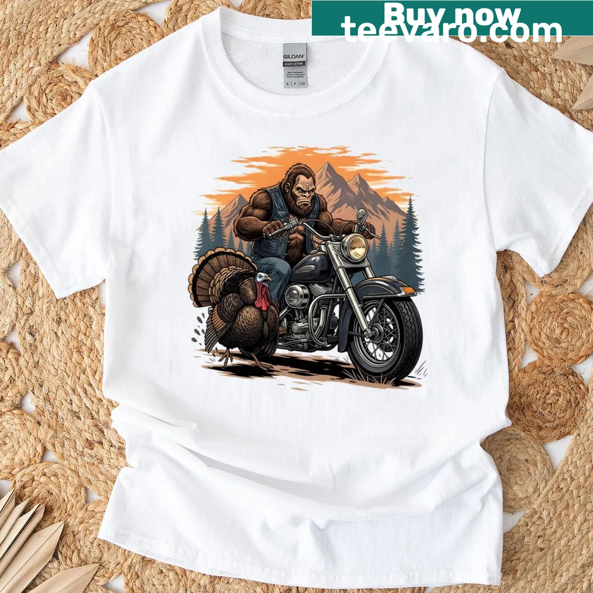 Funny Thanksgiving T-shirt with turkey and Bigfoot illustration — on a men's t-shirt