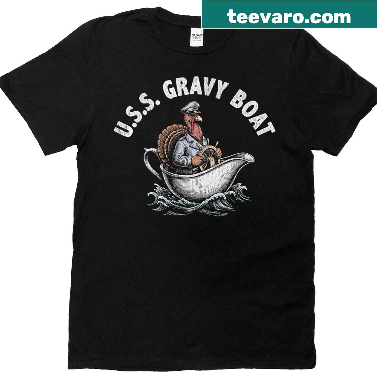 Funny Thanksgiving tee featuring a turkey sailor — on a men's t-shirt