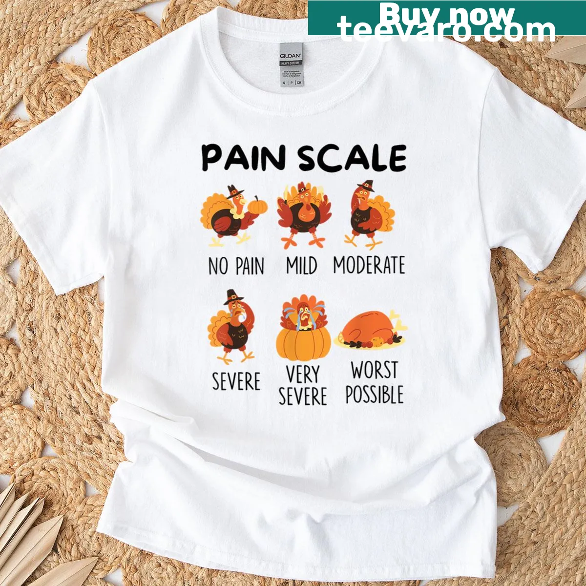 Humorous tee with a turkey pain scale graphic for nurses and medical professionals. — on a men's t-shirt