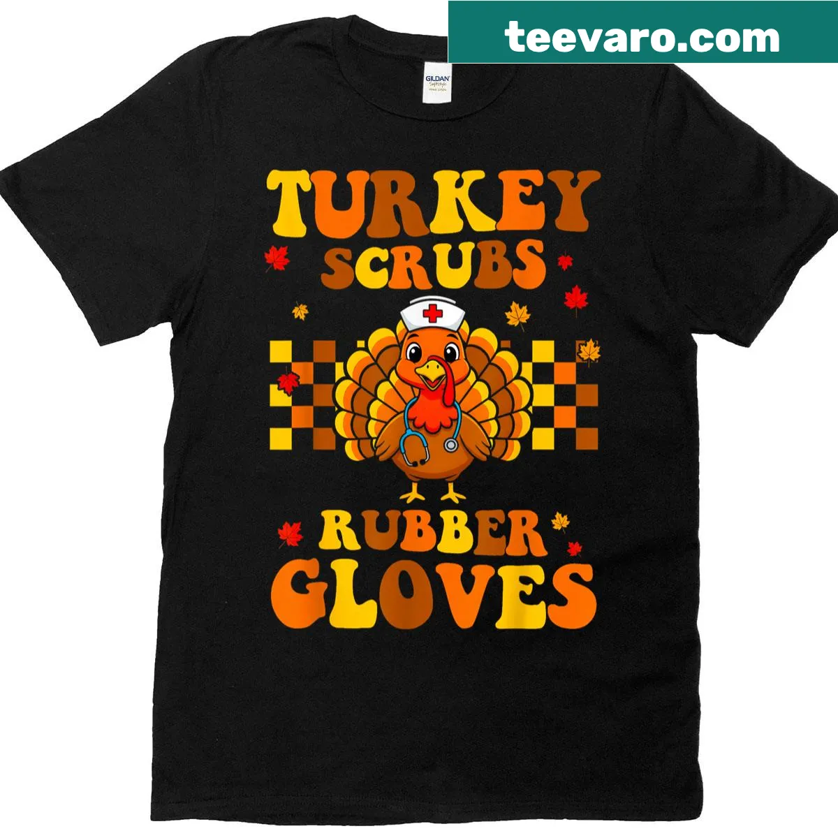Funny Thanksgiving nurse t-shirt with turkey and rubber gloves graphic — on a men's t-shirt