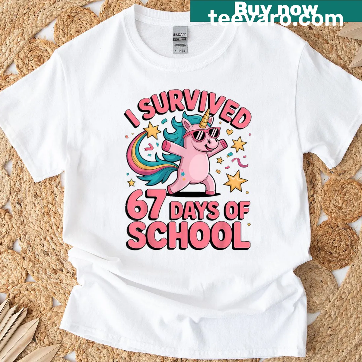 Vintage style T-shirt featuring a unicorn and the phrase about surviving school. — on a men's t-shirt