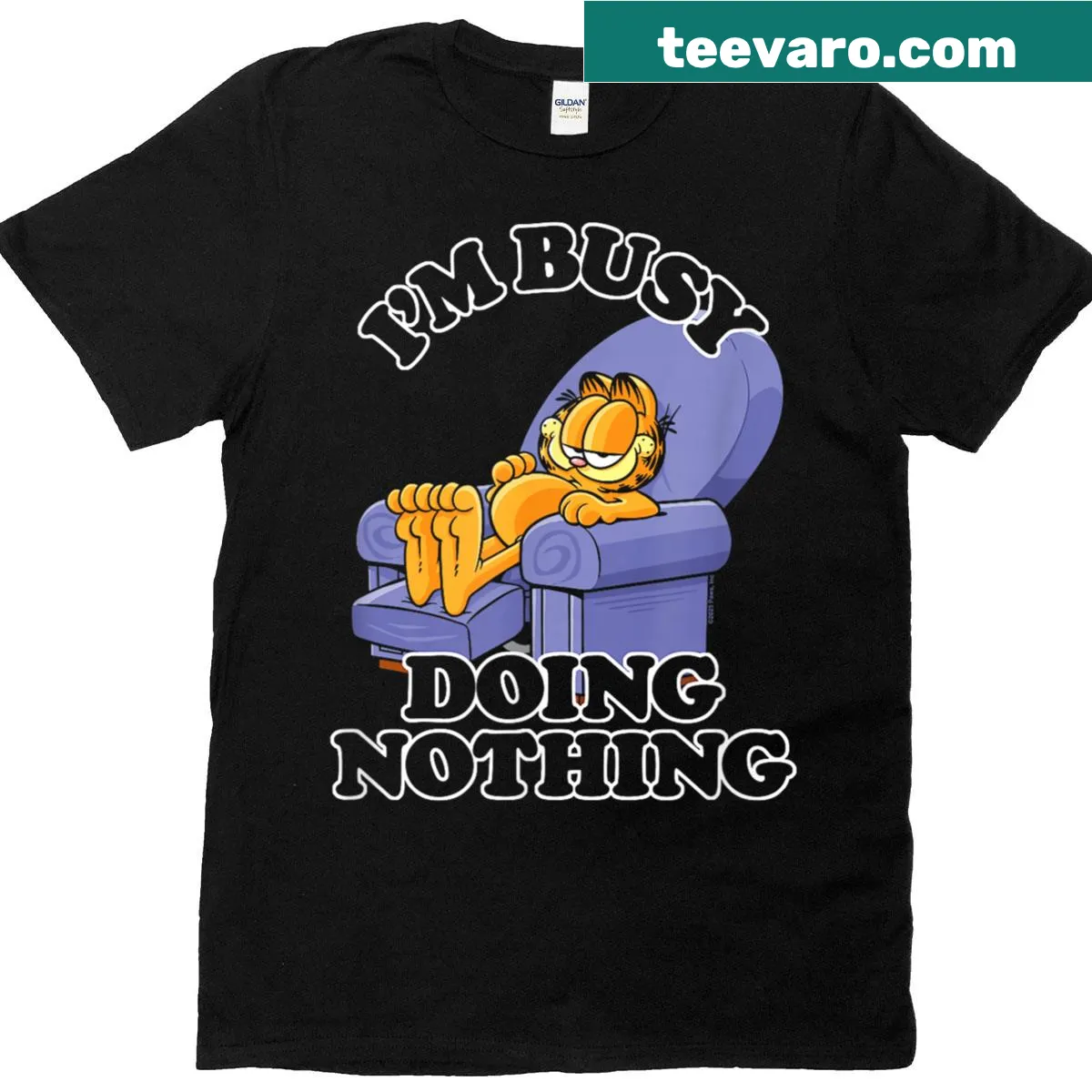 Cartoon graphic of Garfield lounging in a recliner with humorous text — on a men's t-shirt