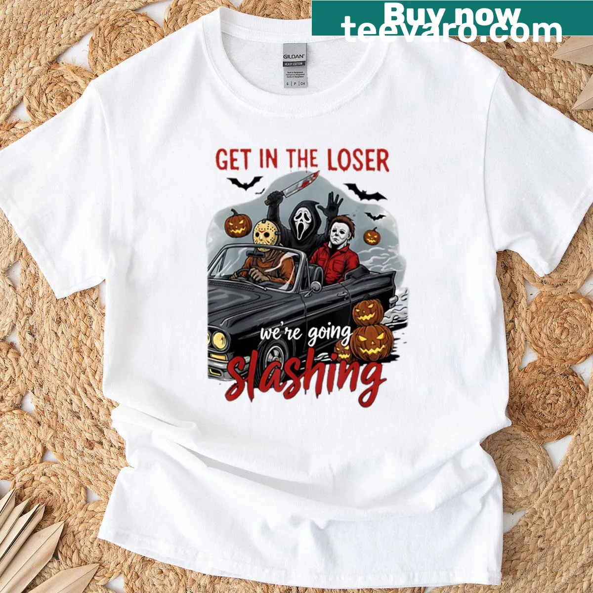 Vintage horror-themed T-shirt with a slashing quote — on a men's t-shirt