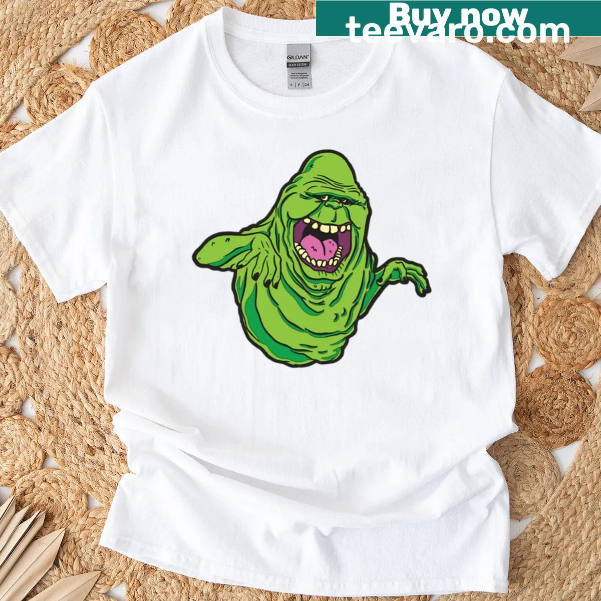 Cartoon graphic of Slimer from Ghostbusters on a t-shirt — on a men's t-shirt