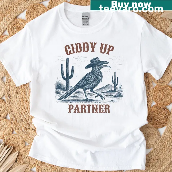 Illustration of a cowboy on a roadrunner bird T-shirt