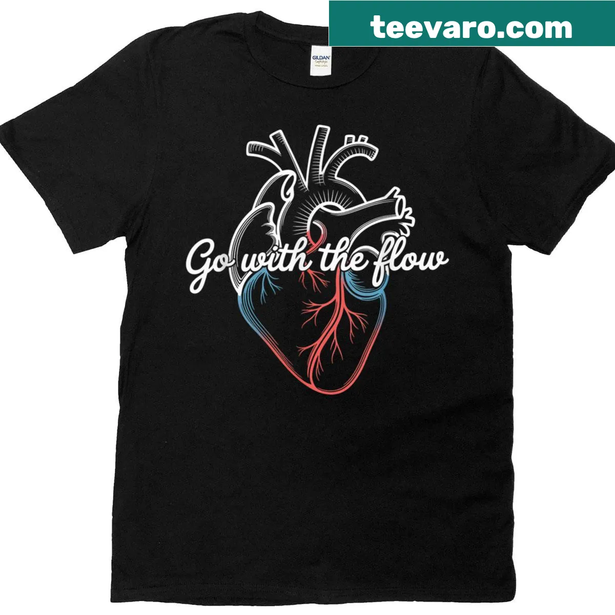 Heart design t-shirt for nurses with 'Go With Flow' text — on a men's t-shirt