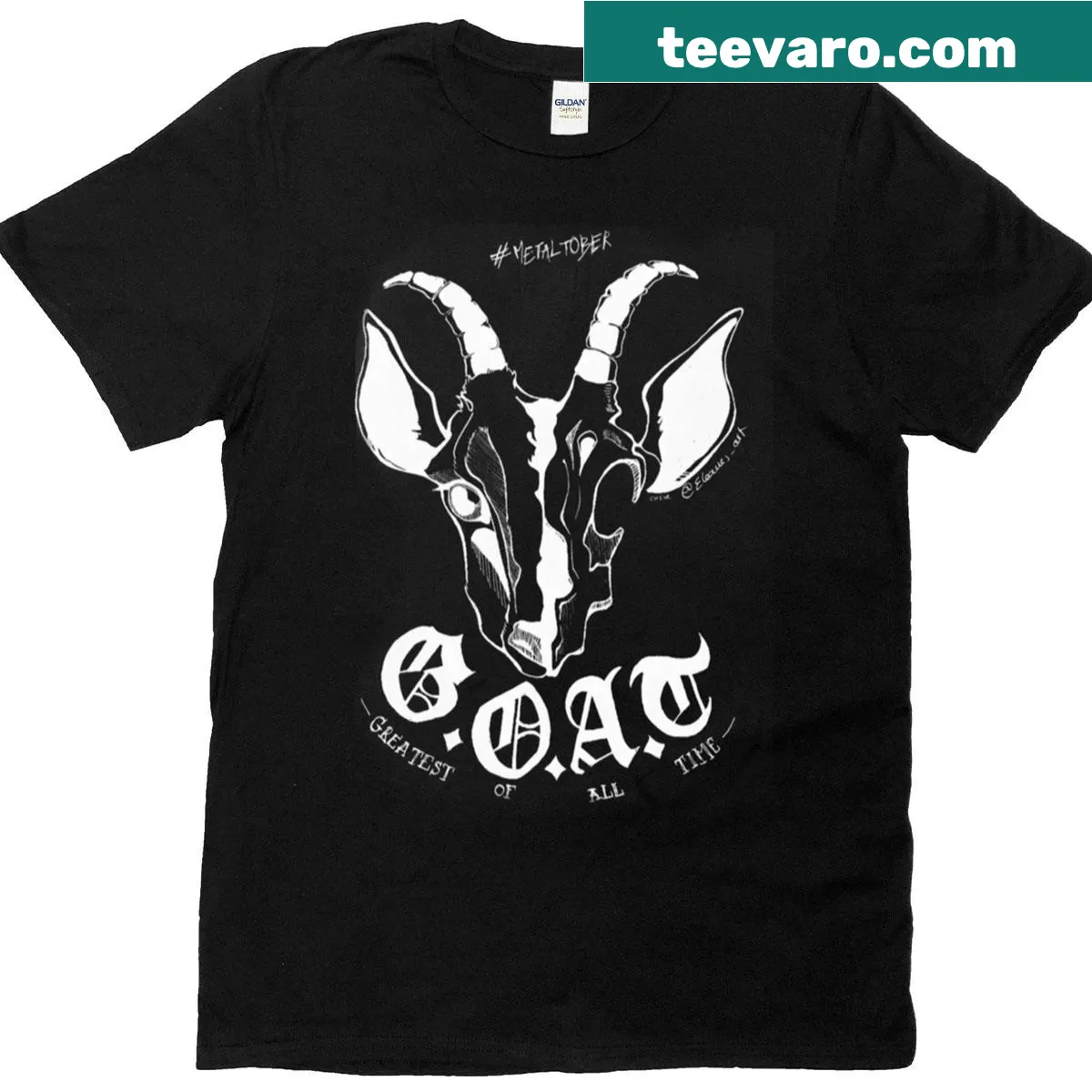 Bold illustration of a goat for Metaltober music theme — on a men's t-shirt