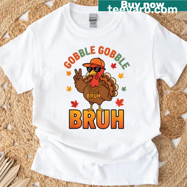 Funny kids Thanksgiving t-shirt with Gobble Gobble Bruh text