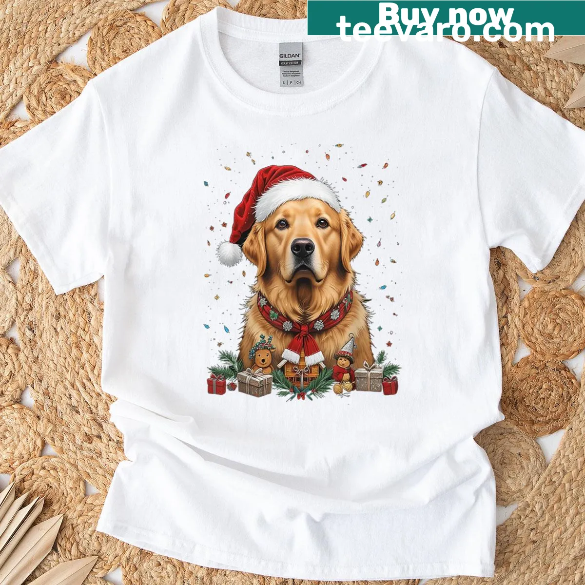 Christmas T-shirt featuring a golden retriever in a Santa hat with tree lights — on a men's t-shirt