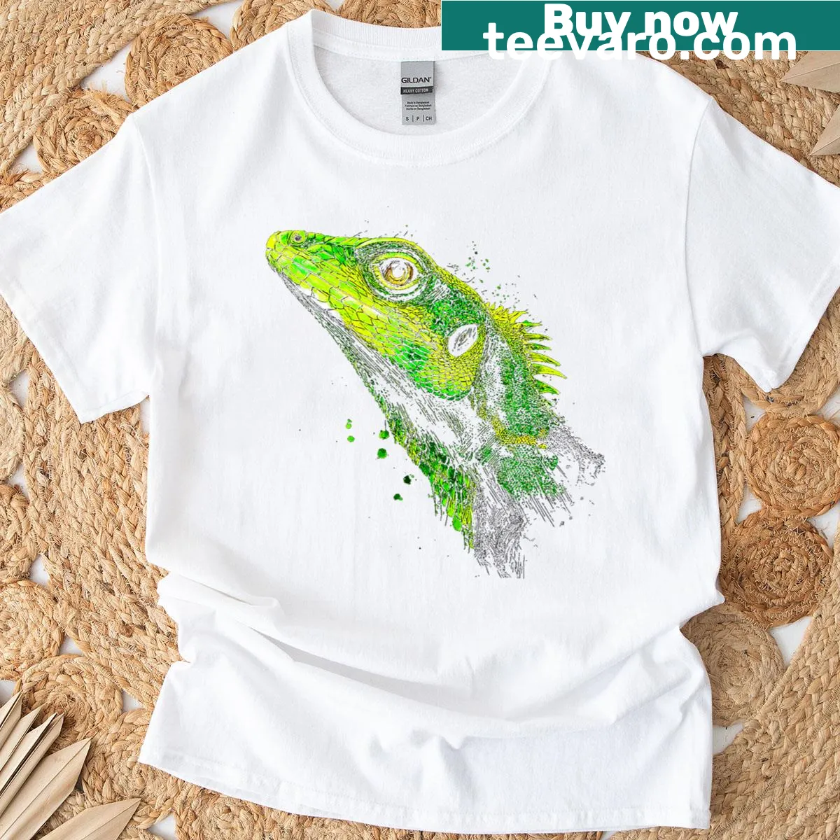Illustration of a green anole face on a t-shirt — on a men's t-shirt
