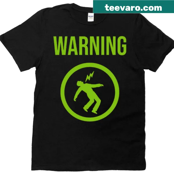 Green warning symbol graphic on a runner t-shirt