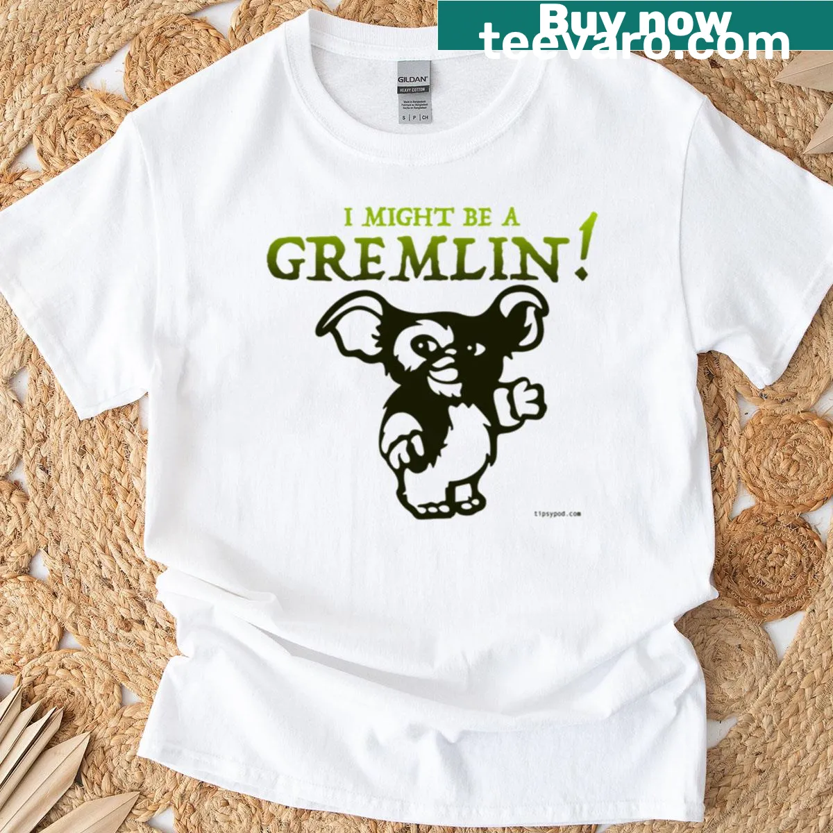 Cartoon-style t-shirt with Might Be A Gremlin text — on a men's t-shirt