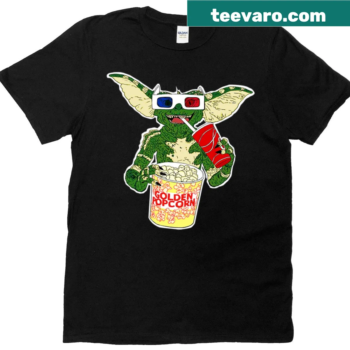 Playful gremlin graphic surrounded by popcorn on a t-shirt — on a men's t-shirt