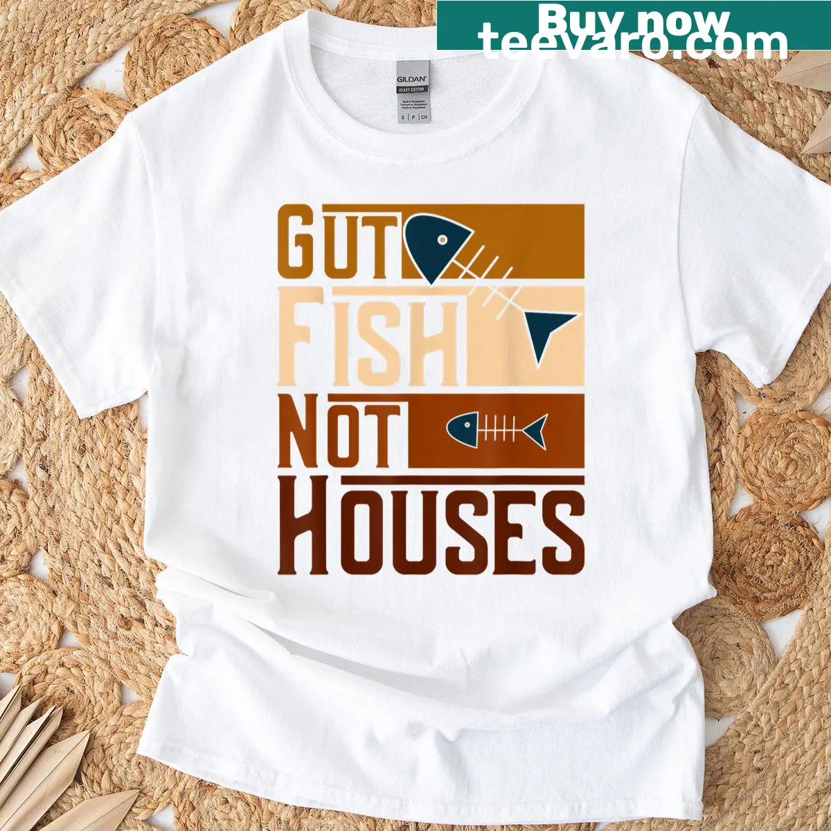 Funny women’s conservation-themed t-shirt with Gut Fish Not Houses text — on a men's t-shirt