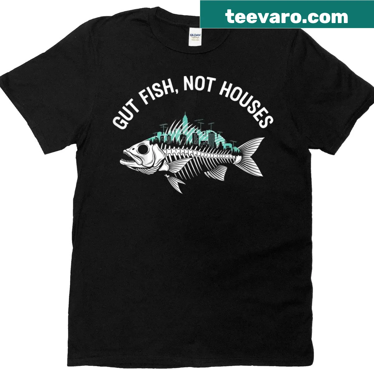 Coastal conservation shirt promoting the message to gut fish not houses — on a men's t-shirt